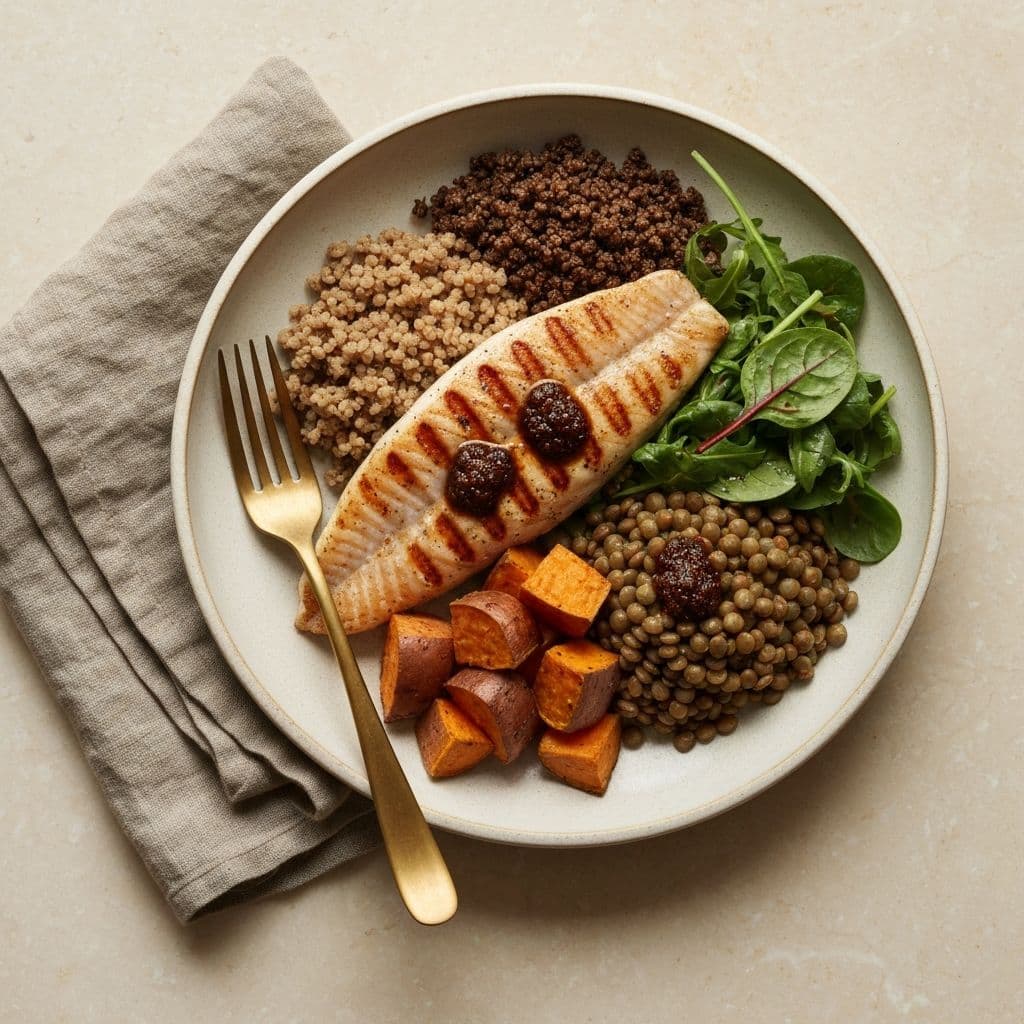 Editorial overhead photo of an Ethiopian-inspired high-protein nutrition bowl