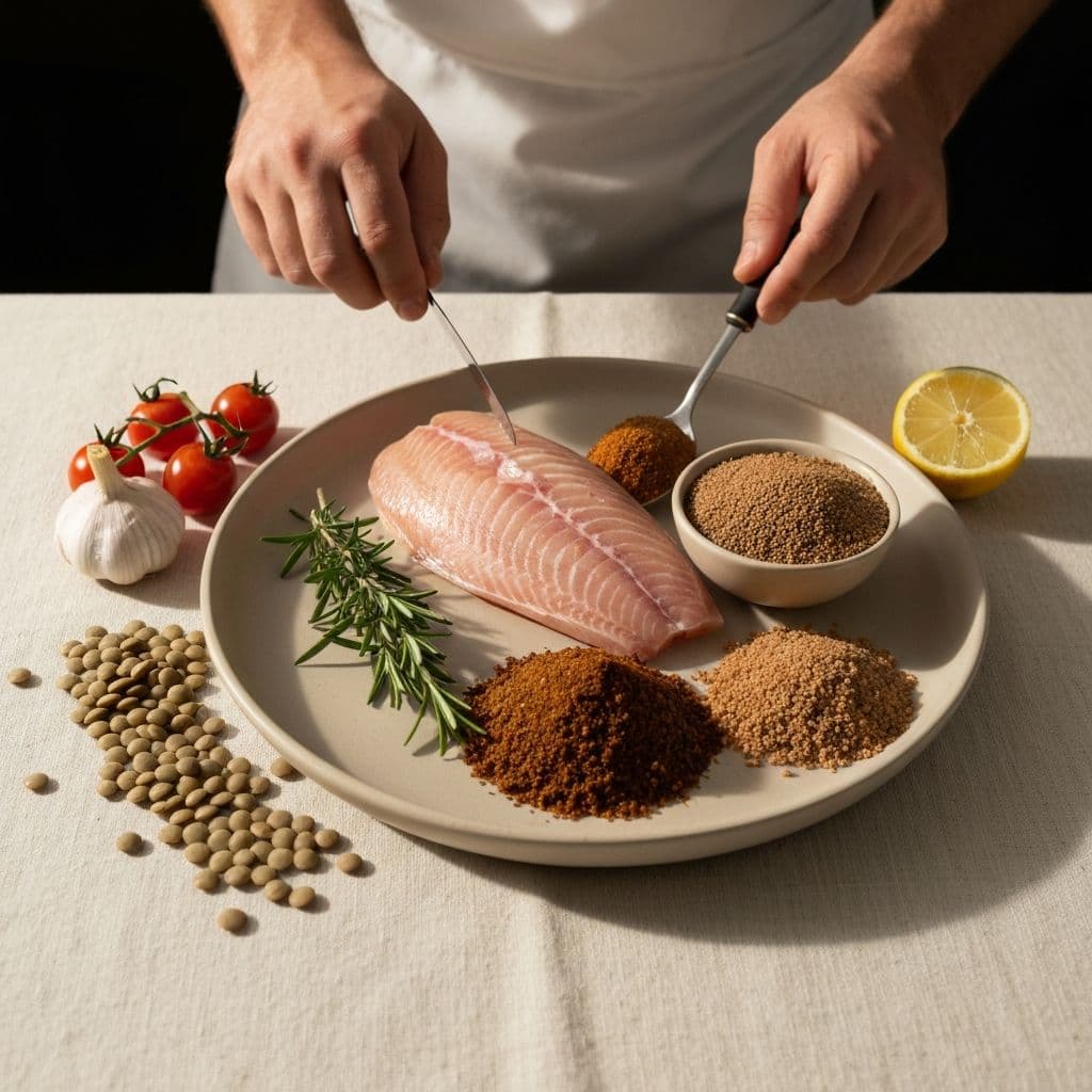 Flat lay of fresh Ethiopian ingredients: tilapia, teff, berbere, lentils and fresh herbs